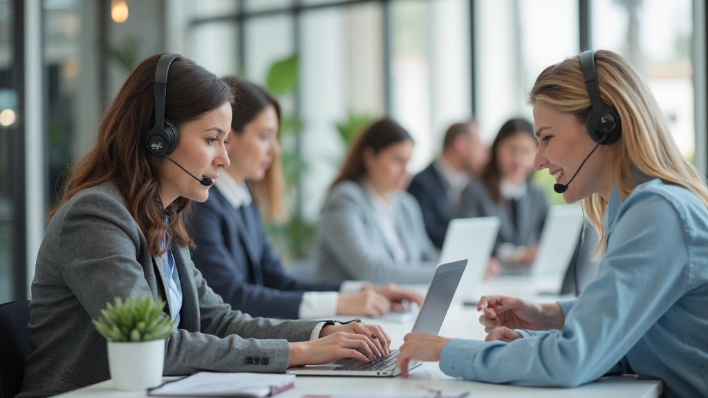 Команда специалистов по обслуживанию клиентов работает в современном офисе